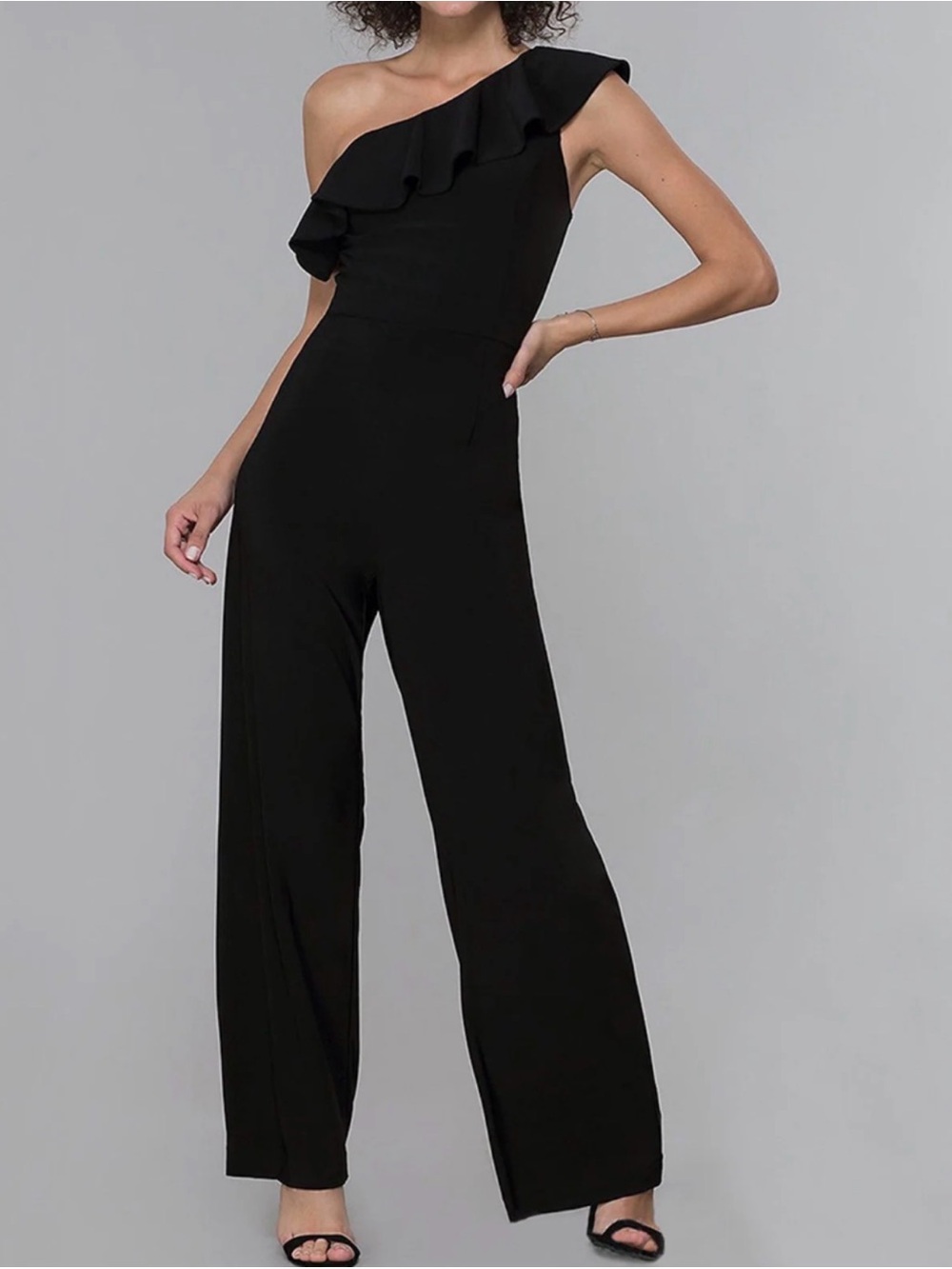 Altar’d State Black One-Shoulder Ruffle Wide-Leg Jumpsuit
